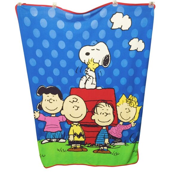Peanuts Snoopy & Friends Fleece Throw Blanket 44x59 Blue With Polka Dots - Picture 1 of 7